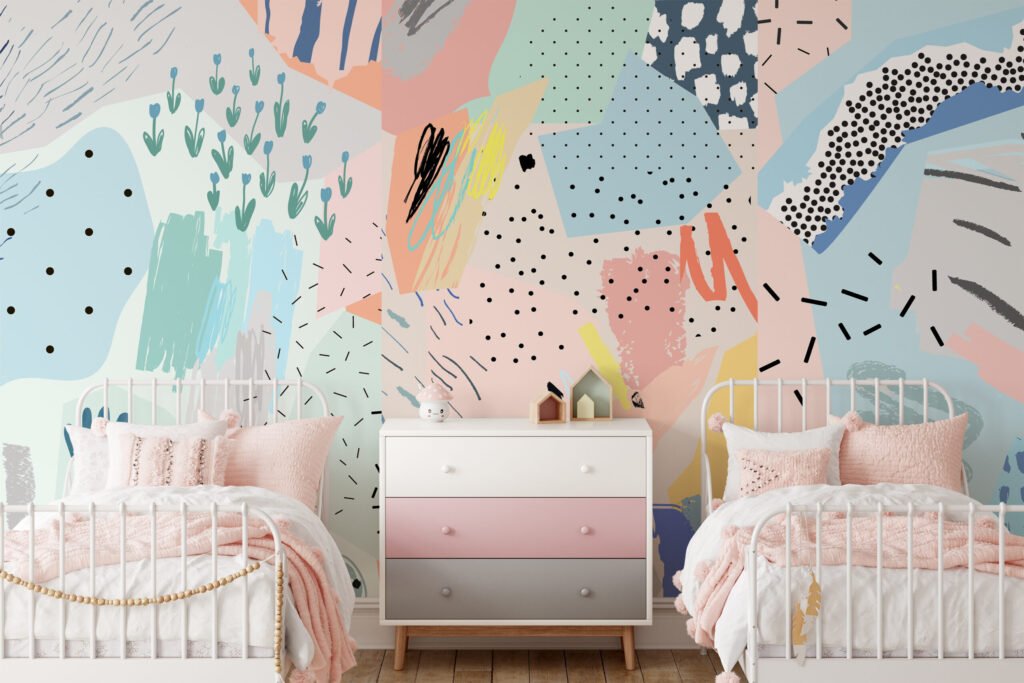 Soyut Fırça Lekeleri ve Pastel Renklerle Şekiller Duvar Kağıdı Bebek Odası Duvar Kağıtları 4