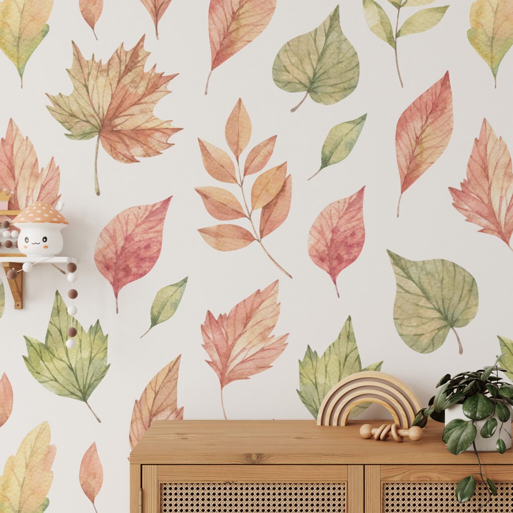 Suluboya Tarzı Sonbahar Temalı Yapraklar Duvar Kağıdı, Sonbahar Doğa Tasarımı 3D Duvar Posteri Suluboya Duvar Kağıtları 4