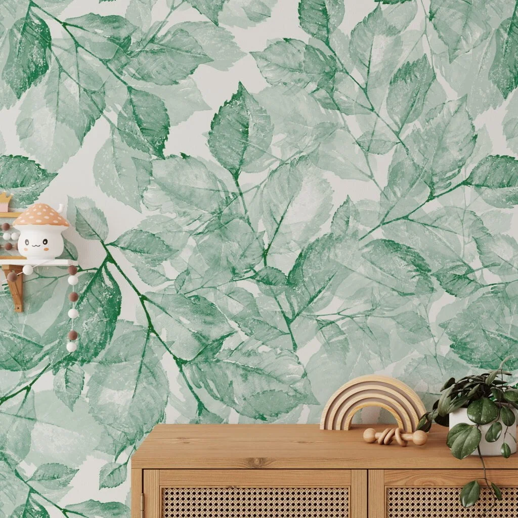 Sulu Boya Stili Yeşil Yapraklar Deseni Duvar Kağıdı, Huzurlu Yeşil Bitki Örtüsü Duvar Kağıdı Suluboya Duvar Kağıtları 5