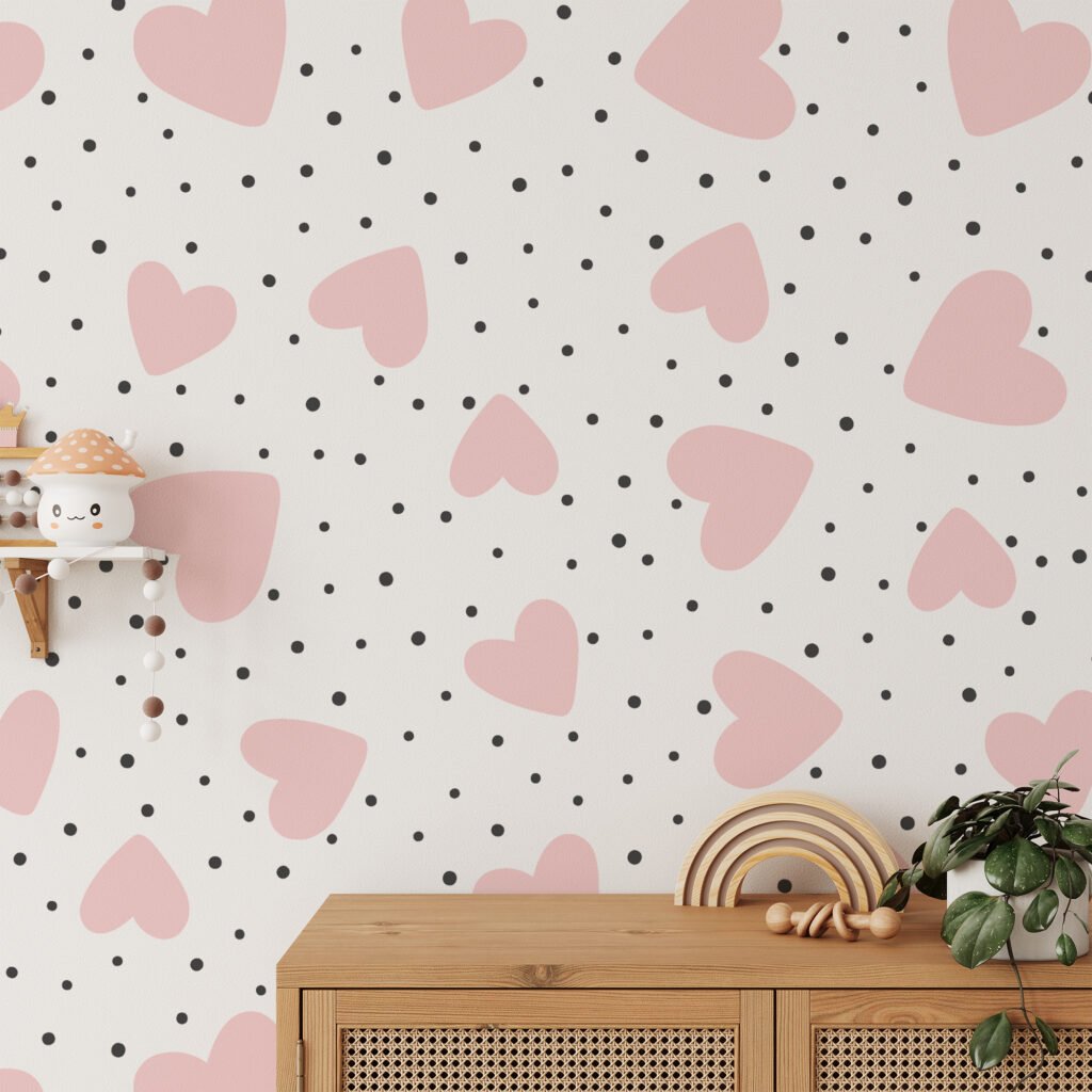 Pembe Kalpler ve Siyah Noktalar Duvar Kağıdı, Şirin Pembe Kalpler Bebek Odası 3D Duvar Posteri Bebek Odası Duvar Kağıtları 4