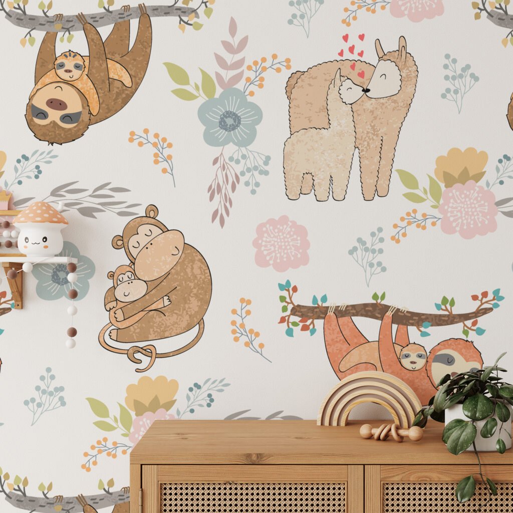 Hayvan Desenli Çocuk Odası Duvar Kağıdı, Dinlenen Hayvan Figürleri 3D Duvar Posteri Bebek Odası Duvar Kağıtları 2