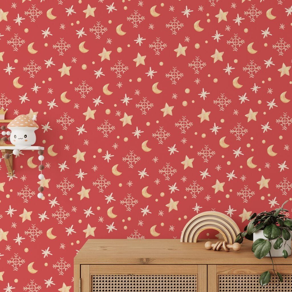Noel Temalı Yıldızlar ve Ay Duvar Kağıdı, Tatil Yıldızları ve Kar Taneleri 3D Duvar Posteri Bebek Odası Duvar Kağıtları 2