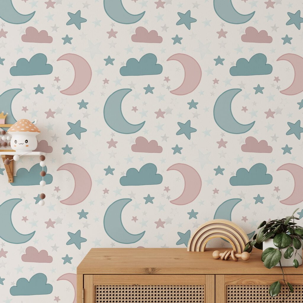 Bebek Odası Yıldız Ay ve Bulutlar Duvar Kağıdı, Rüya Gibi Ay ve Bulutlar 3D Duvar Posteri Bebek Odası Duvar Kağıtları 2