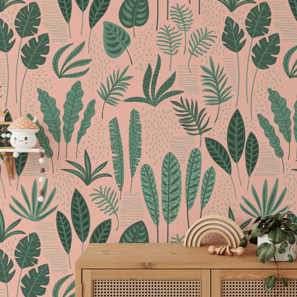 Tropikal Flat Art Yapraklar Duvar Kağıdı, Botanik Tropikal Yaprak Desenli 3D Duvar Posteri Tropikal Duvar Kağıtları 6