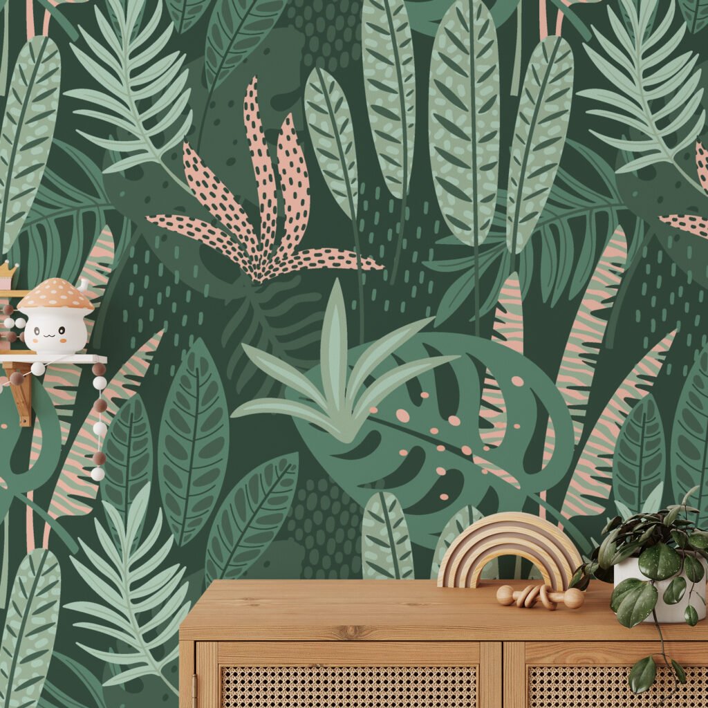 Tropikal Yeşil Flat Art Yapraklar Duvar Kağıdı, Doğa Temalı Tropikal 3D Duvar Posteri Tropikal Duvar Kağıtları 2