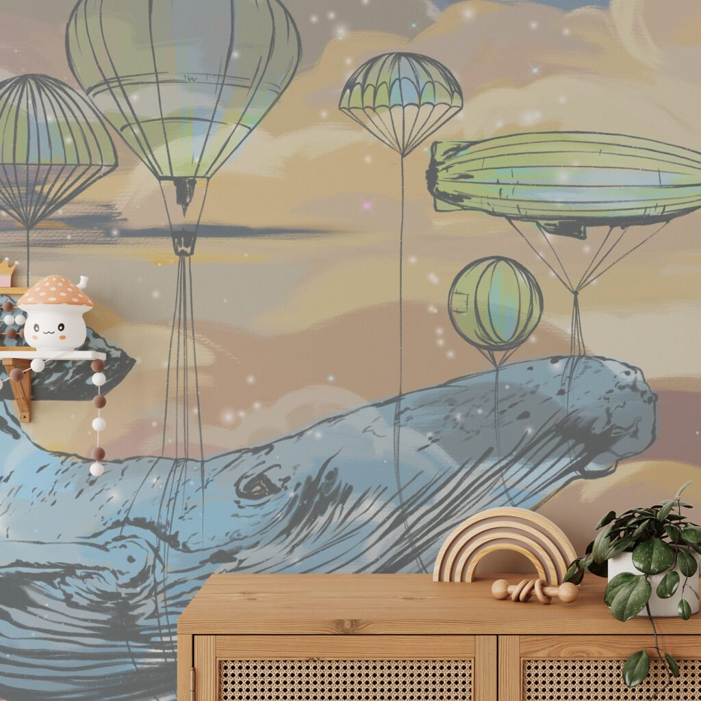 Bulutlar Arasında Büyük Mistik Balina ve Sıcak Hava Balonları Duvar Kağıdı, Rüya Gibi Yıldızlı Çocuk Odası Duvar Posteri Bebek Odası Duvar Kağıtları 2