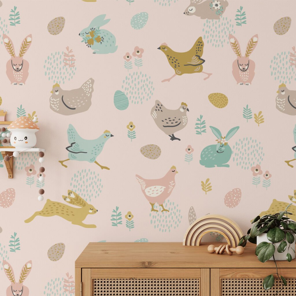 Sevimli Flat Art Paskalya Tavşanları ve Civcivler Yumurta Duvar Kağıdı, Soft Pembe Çocuk Odası Duvar Posteri Bebek Odası Duvar Kağıtları 3