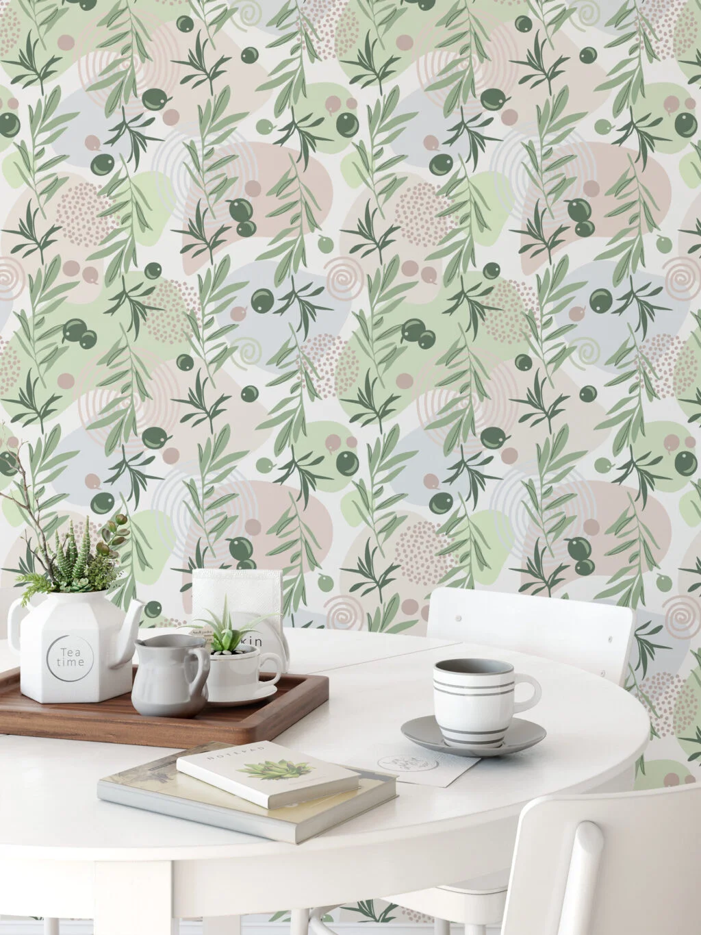 Flat Art Yeşil Zeytin Dalı Tasarımı Duvar Kağıdı, Soft Zeytin Bahçesi 3D Duvar Posteri Çiçekli Duvar Kağıtları 4