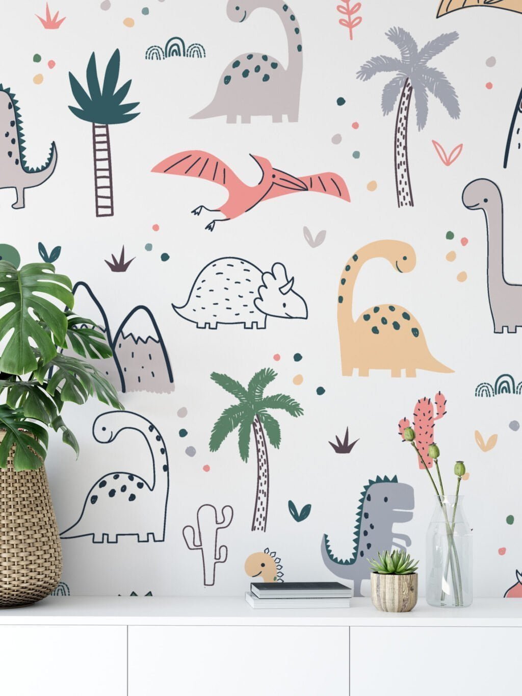 Karalama Dinozor Çizimleri Duvar Kağıdı, Sevimli Dinozor 3D Duvar Posteri Bebek Odası Duvar Kağıtları 3