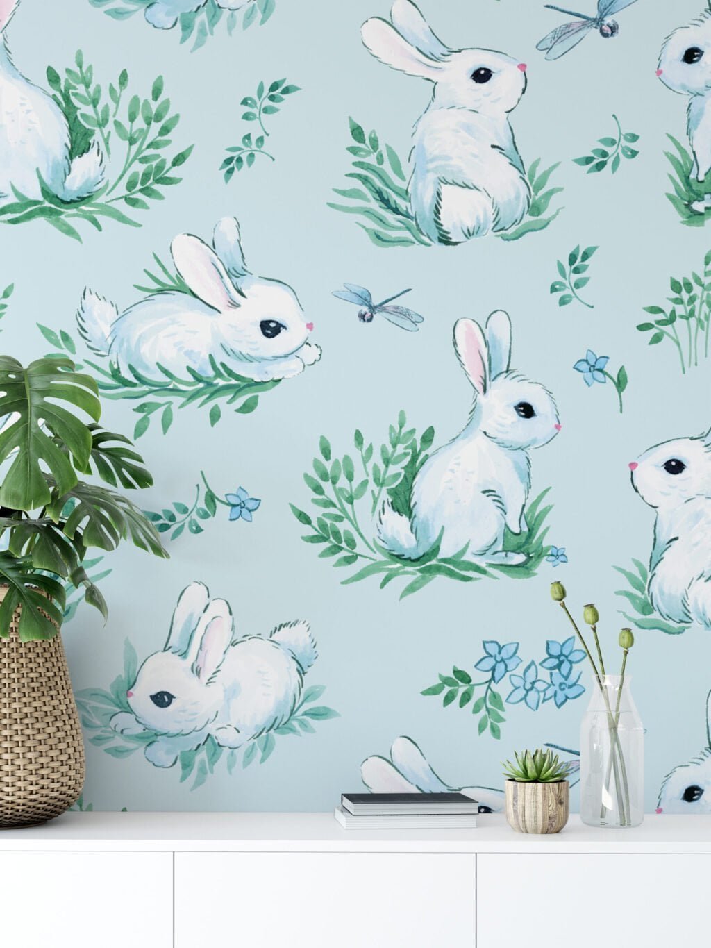 Açık Mavi Sulu Boya Etkisi Tavşan ve Yusufçuk Duvar Kağıdı, Tavşan Desenli Çocuk Odası 3D Duvar Posteri Bebek Odası Duvar Kağıtları 5
