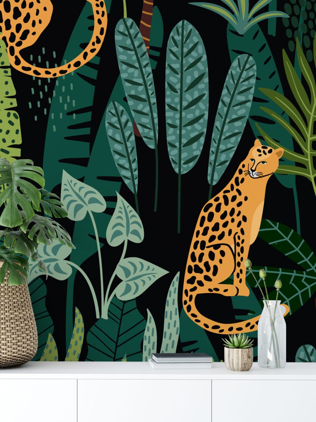 Retro Tropikal İllüstrasyonlarla Leoparlar Duvar Kağıdı, Egzotik Orman İlhamı Tropikal 3D Duvar Posteri Hayvan Motifli Duvar Kağıtları 4