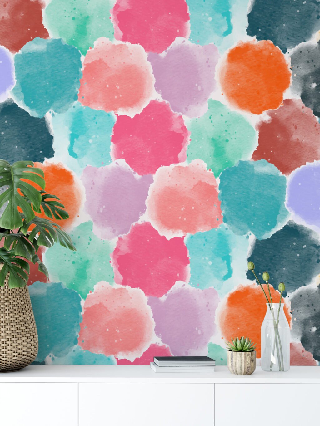Renkli Soyut Sulu Boya Daireler Duvar Kağıdı, Renk Sıçraması 3D Duvar Posteri Soyut Duvar Kağıtları 4