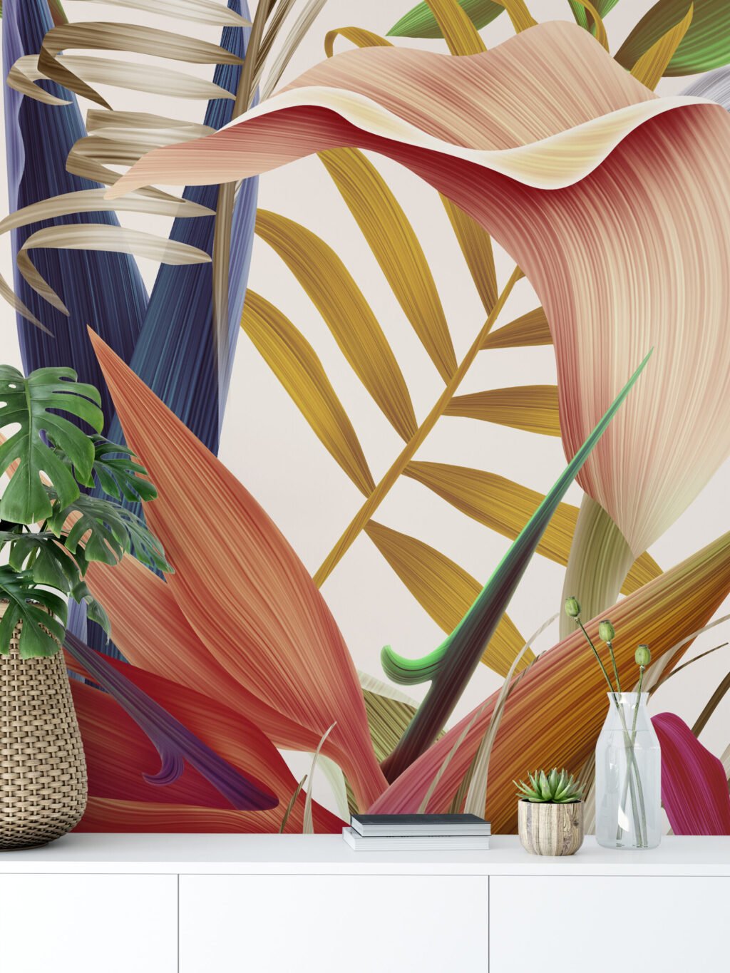 Renkli Tropik Çiçekler ve Cennet Kuşları Duvar Kağıdı, Çağdaş Doğa Esintili 3D Duvar Posteri Çiçekli Duvar Kağıtları 3