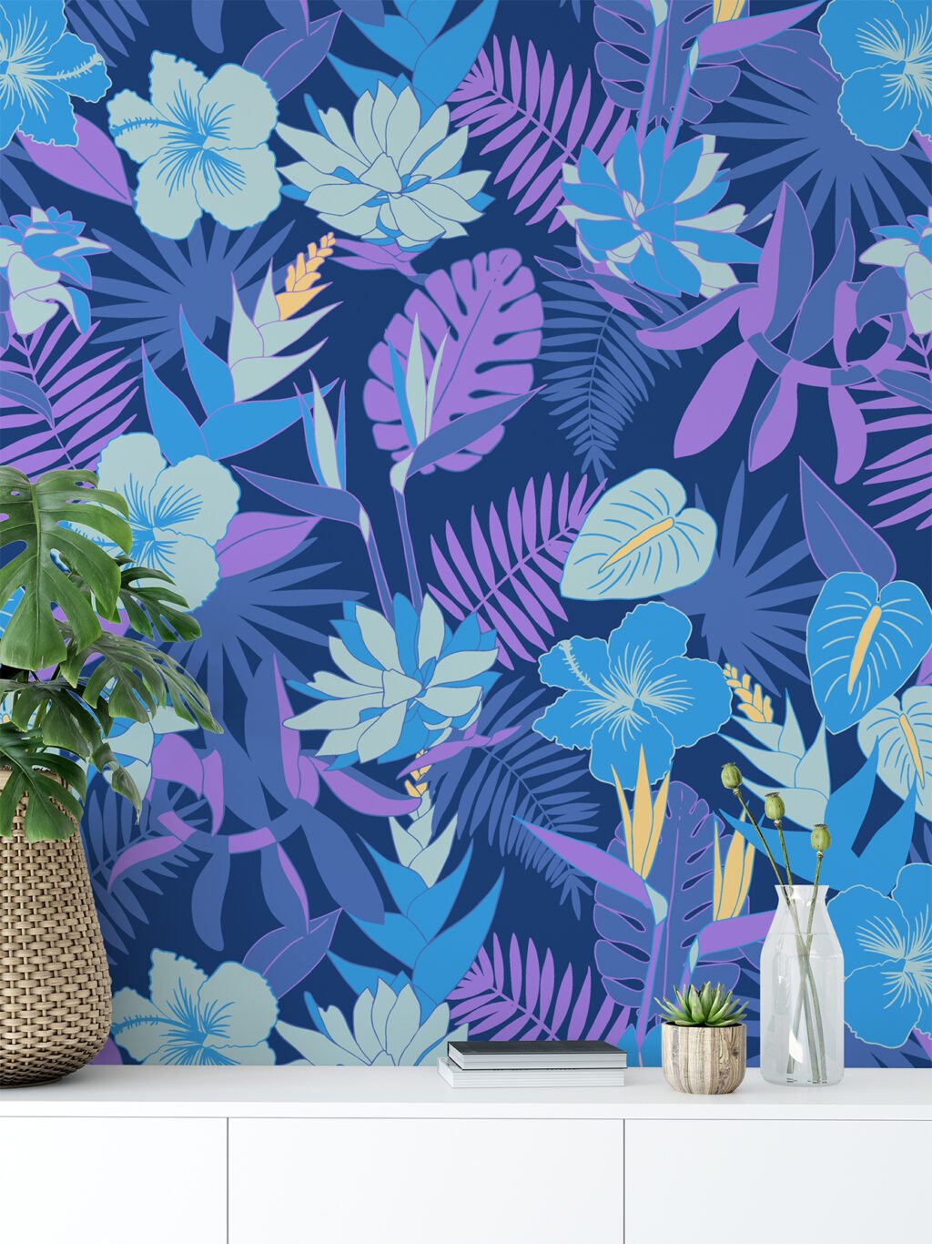 Mavi ve Mor Renkli Çiçekli Duvar Kağıdı, Canlı Tropik Gece Çiçekleri 3D Duvar Kağıdı Çiçekli Duvar Kağıtları 4