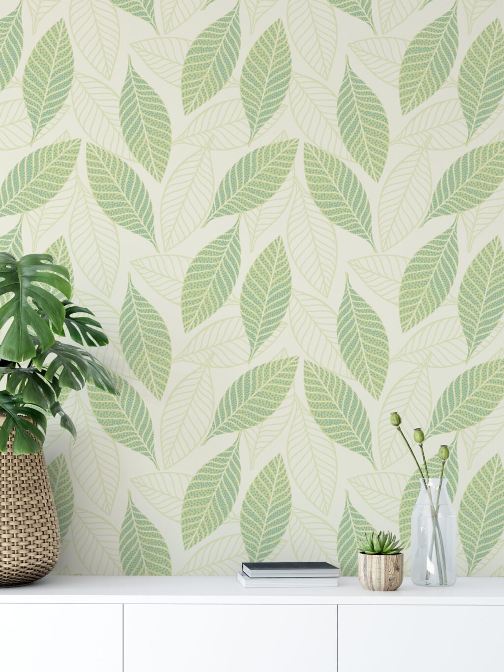 Soyut Yeşil Yapraklar Duvar Kağıdı, Yaprak Tasarımı 3D Duvar Posteri Yaprak Desenli Duvar Kağıtları 3