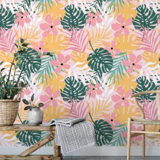 Tropikal Pembe Yeşil Sarı Monstera Yaprakları ve Çiçekler Duvar Kağıdı, Tropikal Desenli 3D Duvar Posteri Tropikal Duvar Kağıtları