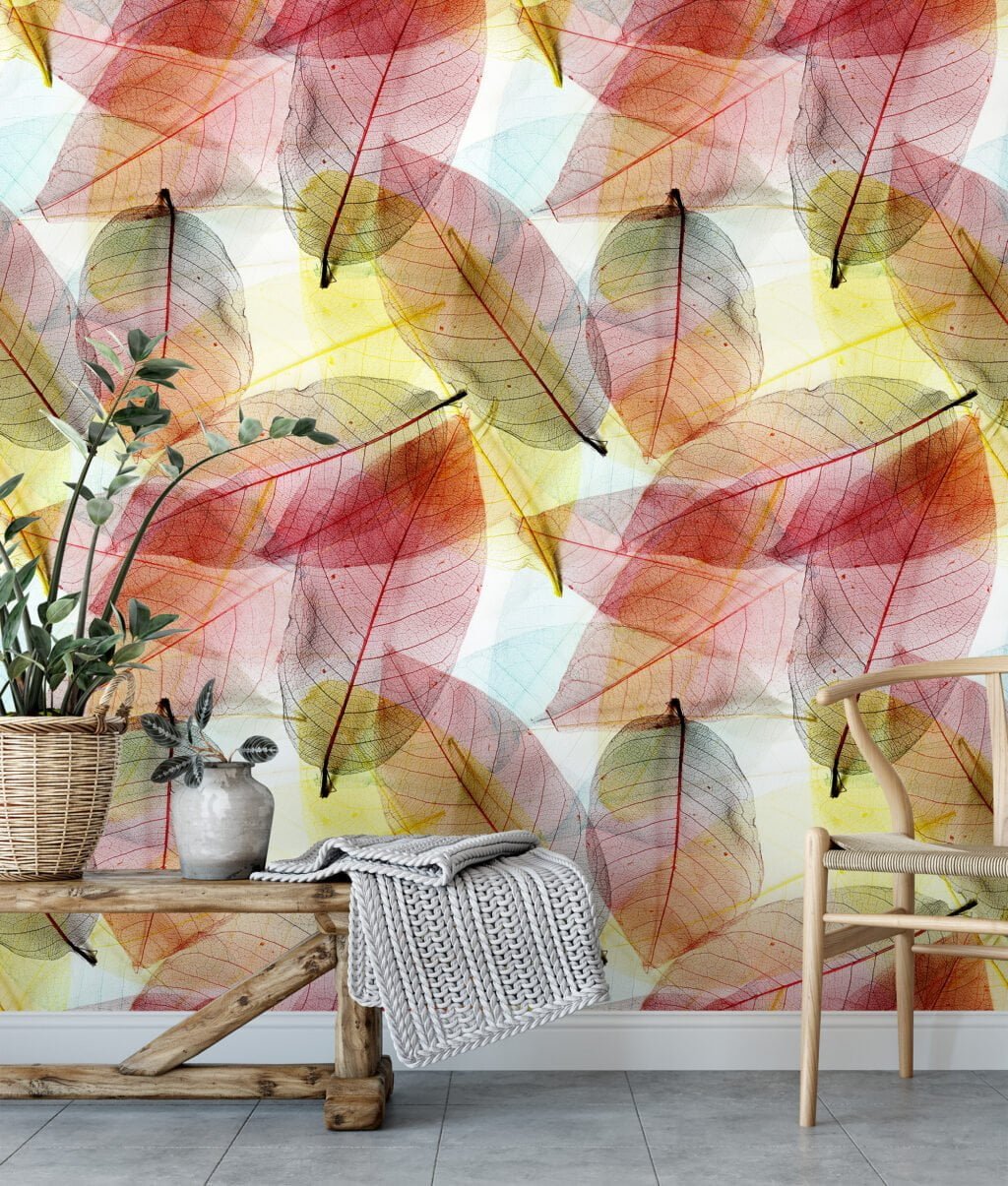 Büyük Renkli Yapraklar Duvar Kağıdı, Saydam Sonbahar Yapraklı 3D Duvar Posteri Yaprak Desenli Duvar Kağıtları 4