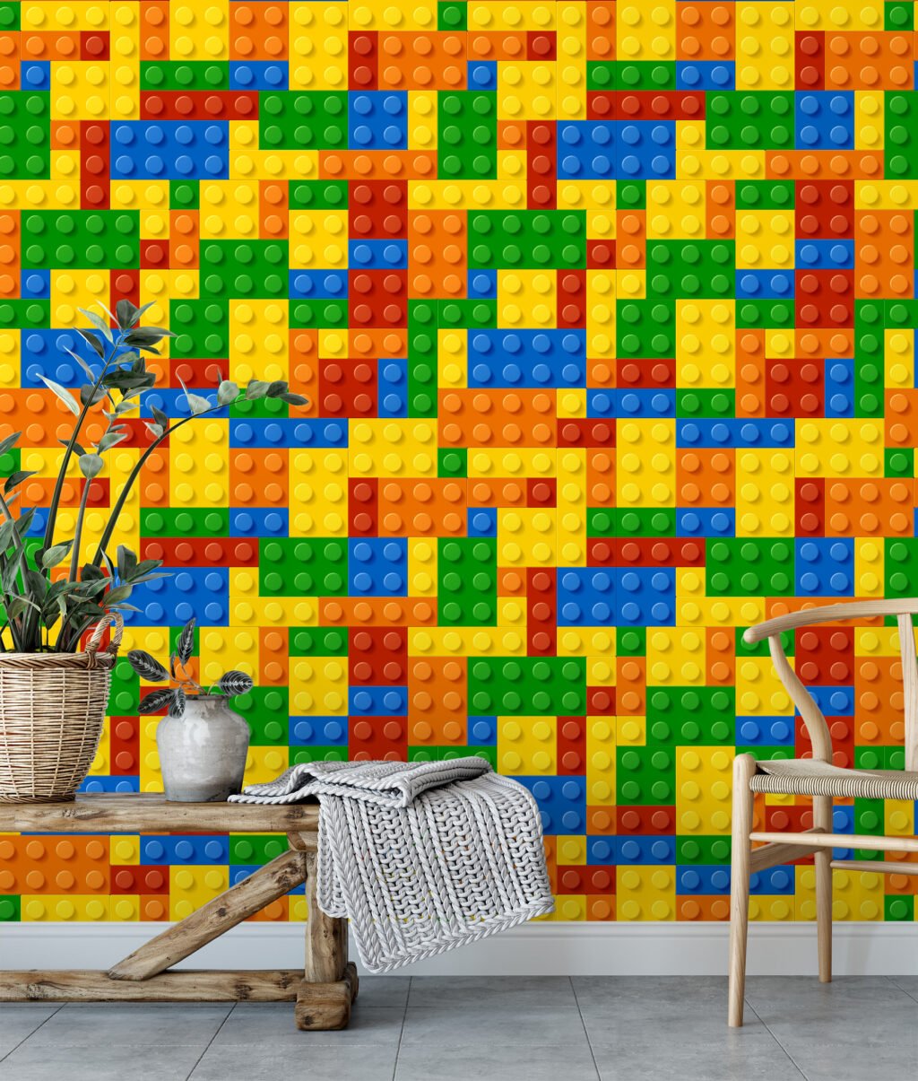 Renkli Blok Oyunları Oyun Odası Duvar Kağıdı, Yaratıcı Geometrik Çocuk Odası 3D Duvar Posteri Bebek Odası Duvar Kağıtları 4