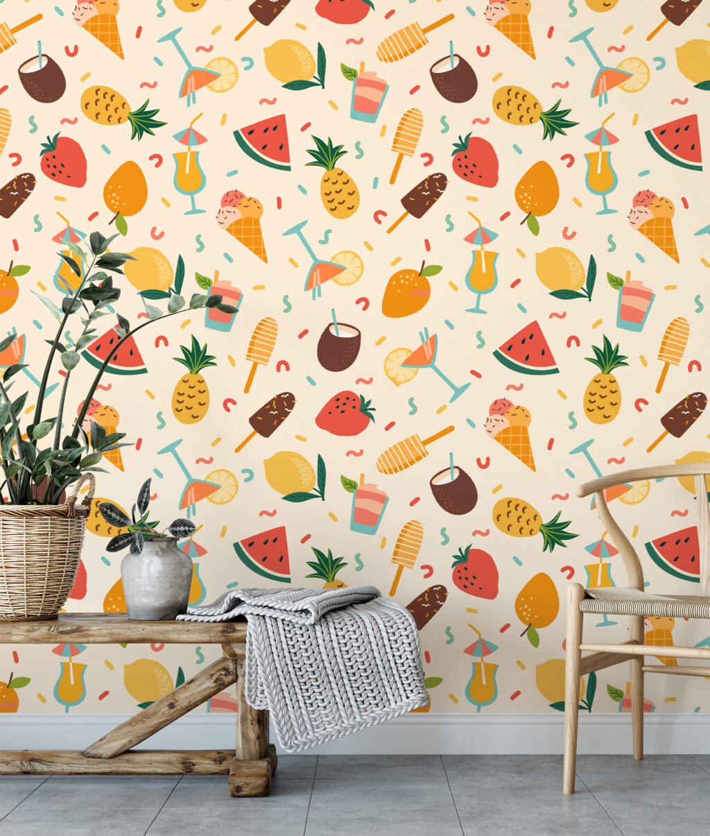 Retro Yaz Havası Parti İkonları Meyve İllüstrasyon Duvar Kağıdı, Tropikal Meyve ve Dondurma 3D Duvar Posteri Çocuk Odası Duvar Kağıtları 6