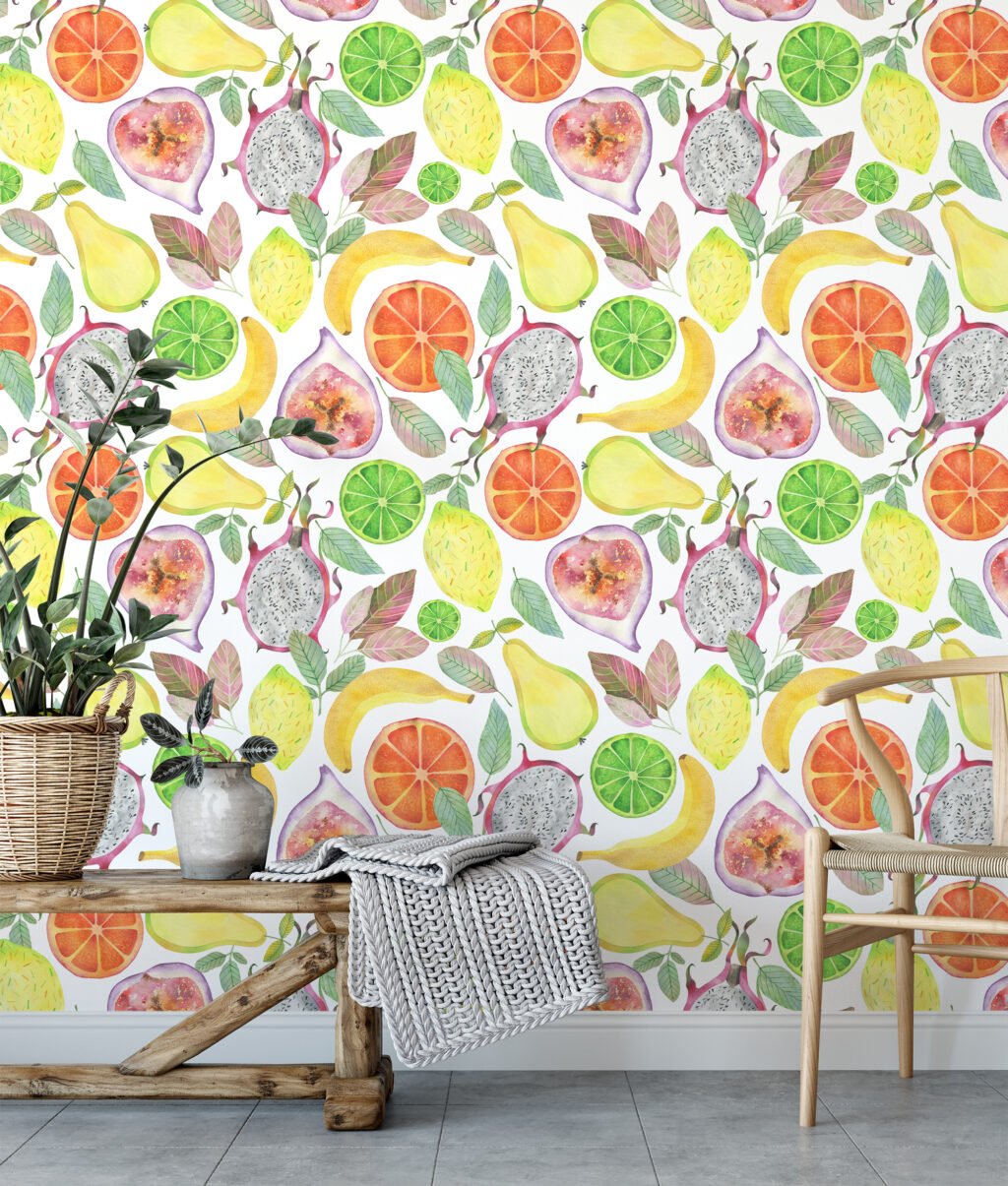 Sulu Boya Tarzı Egzotik Meyve Desenli Duvar Kağıdı, Lezzetli Taze Meyve 3D Duvar Posteri Suluboya Duvar Kağıtları 3