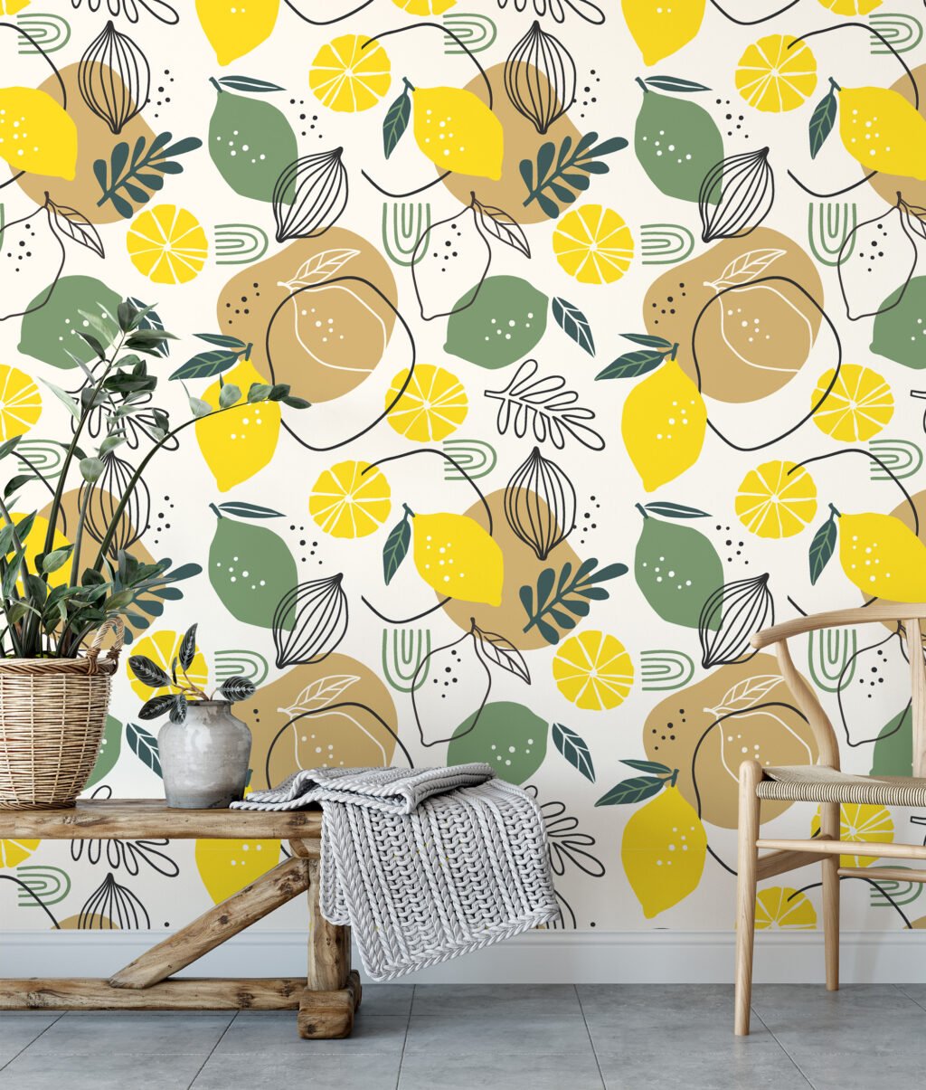 Limon ve Yapraklarla Line Art Duvar Kağıdı, Turunçgil Tasarımı Duvar Posteri Çiçekli Duvar Kağıtları 2