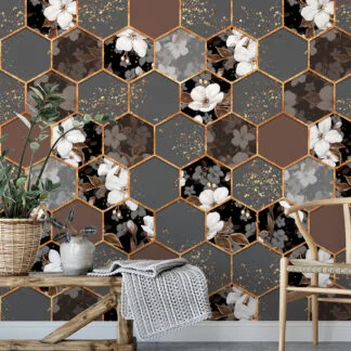 Gri ve Kahverengi Çiçekli Altıgen Geometrik Desen Duvar Kağıdı, Şık Çiçekler 3D Duvar Posteri Çiçekli Duvar Kağıtları