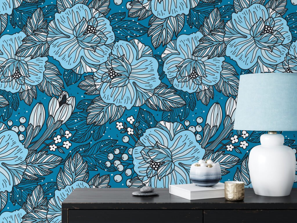 Mavi Renkli Çerçeveli Çiçek Desenli Duvar Kağıdı, Mavi Çiçek Tasarımı 3D Duvar Posteri Çiçekli Duvar Kağıtları 4