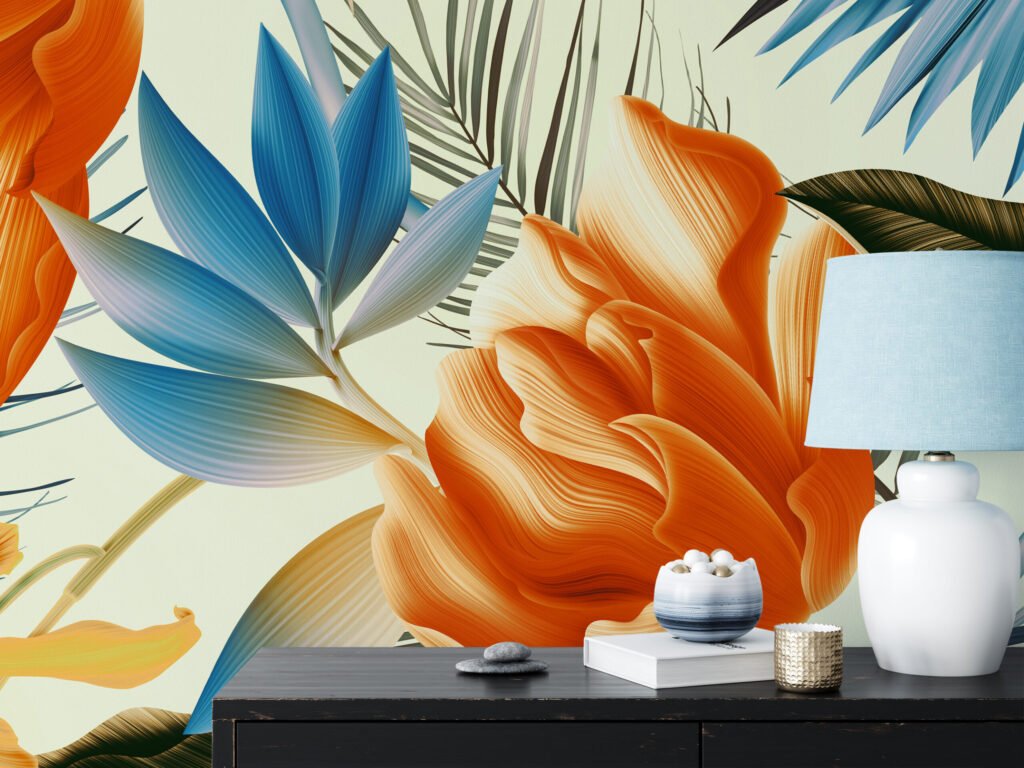 Büyük Tropikal Portakal Çiçekleri Mavi Yapraklarla Duvar Kağıdı, Canlı Botanik Zarif Duvar Posterleri Çiçekli Duvar Kağıtları 4