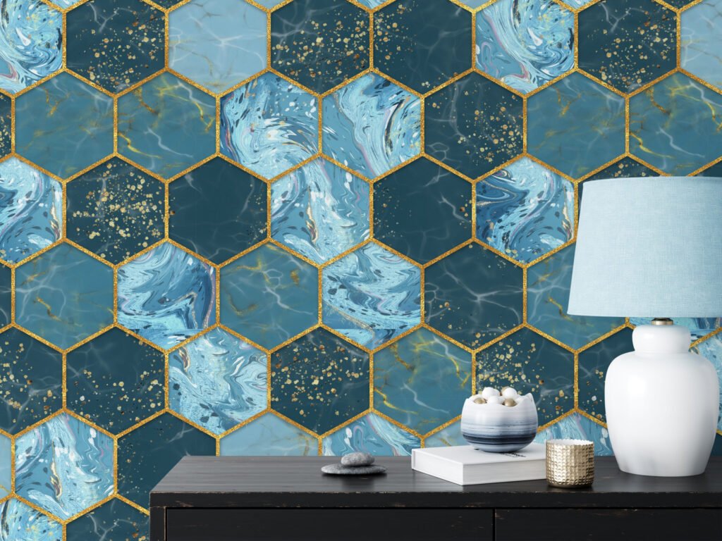 Teal Mavi Altın Rengi Vurgulu Altıgen Desen Duvar Kağıdı, Lüks Mavi Geometrik Duvar Kağıdı Geometrik Duvar Kağıtları 6