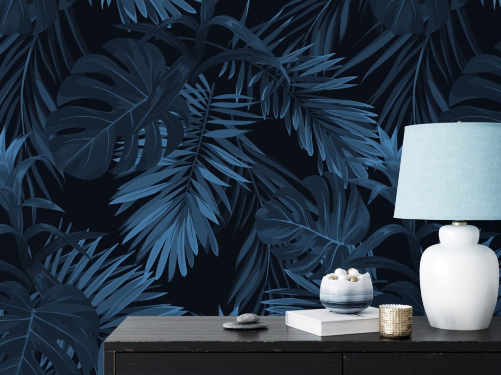 Koyu Mavi Tropikal Yapraklar Duvar Kağıdı, Koyu Şık 3D Yaprak Desenli Duvar Posteri Yaprak Desenli Duvar Kağıtları 3