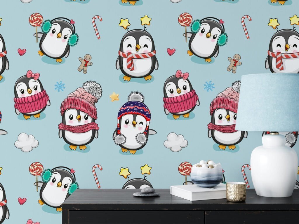 Tatlı Çizgi Dizi Stil Noel Penguenleri Duvar Kağıdı, Neşeli Penguen Zamanı Çocuk Odası 3D Duvar Posteri Bebek Odası Duvar Kağıtları 2