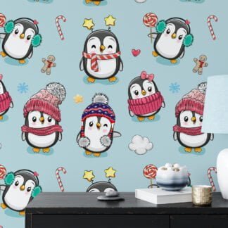 Tatlı Çizgi Dizi Stil Noel Penguenleri Duvar Kağıdı, Neşeli Penguen Zamanı Çocuk Odası 3D Duvar Posteri Bebek Odası Duvar Kağıtları