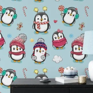 Tatlı Çizgi Dizi Stil Noel Penguenleri Duvar Kağıdı, Neşeli Penguen Zamanı Çocuk Odası 3D Duvar Posteri Bebek Odası Duvar Kağıtları