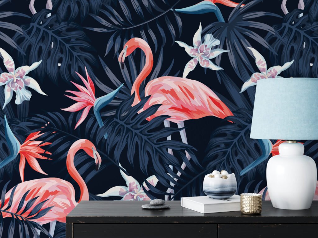 Koyu Mavi Tropikal Yapraklarla Flamingolar Duvar Kağıdı, Muhteşem Flamingolar 3D Duvar Posteri Hayvan Motifli Duvar Kağıtları 3