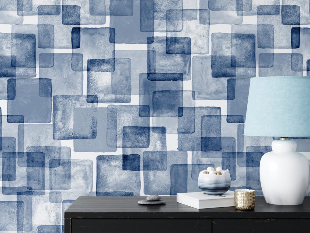Sulu Boya Tarzı Mavi Kareler Geometrik Duvar Kağıdı, Sanatsal Kübist 3D Duvar Posteri Geometrik Duvar Kağıtları 5