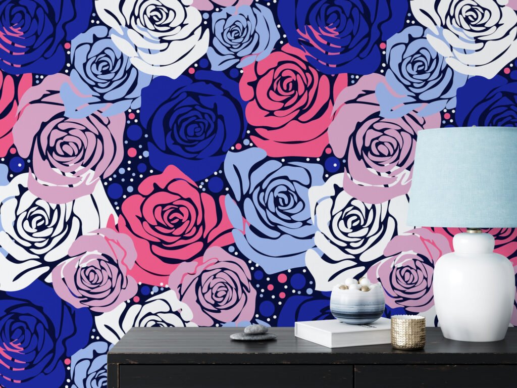 Renkli Abstract Gül Desenli Duvar Kağıdı, Cesur Mavi & Pembe Çiçek Tasarımı 3D Duvar Posteri Çiçekli Duvar Kağıtları 3