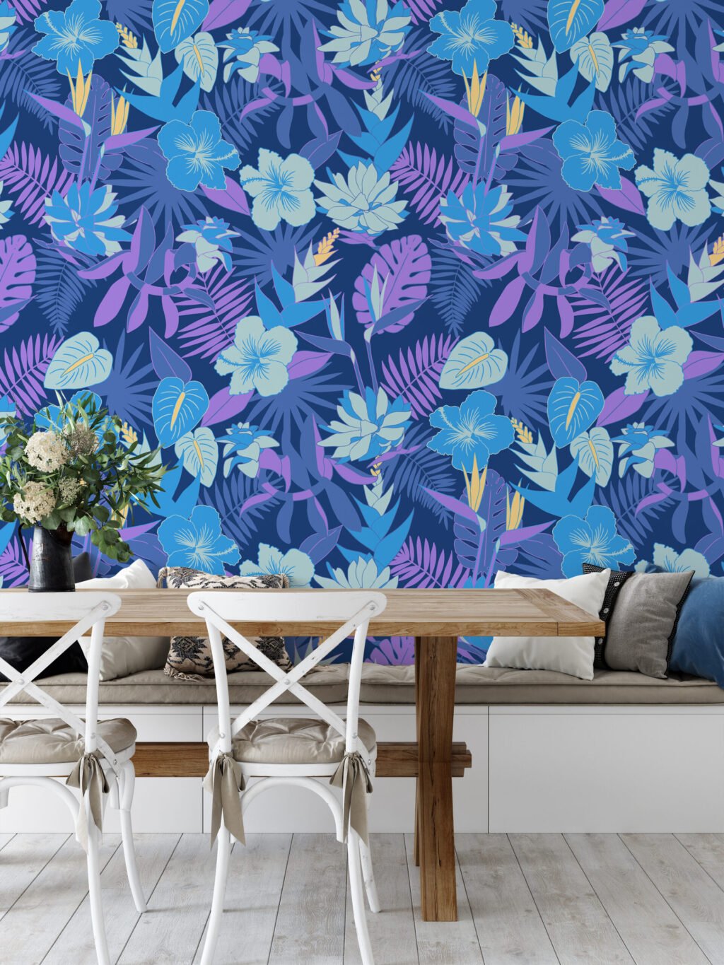 Mavi ve Mor Renkli Çiçekli Duvar Kağıdı, Canlı Tropik Gece Çiçekleri 3D Duvar Kağıdı Çiçekli Duvar Kağıtları 2