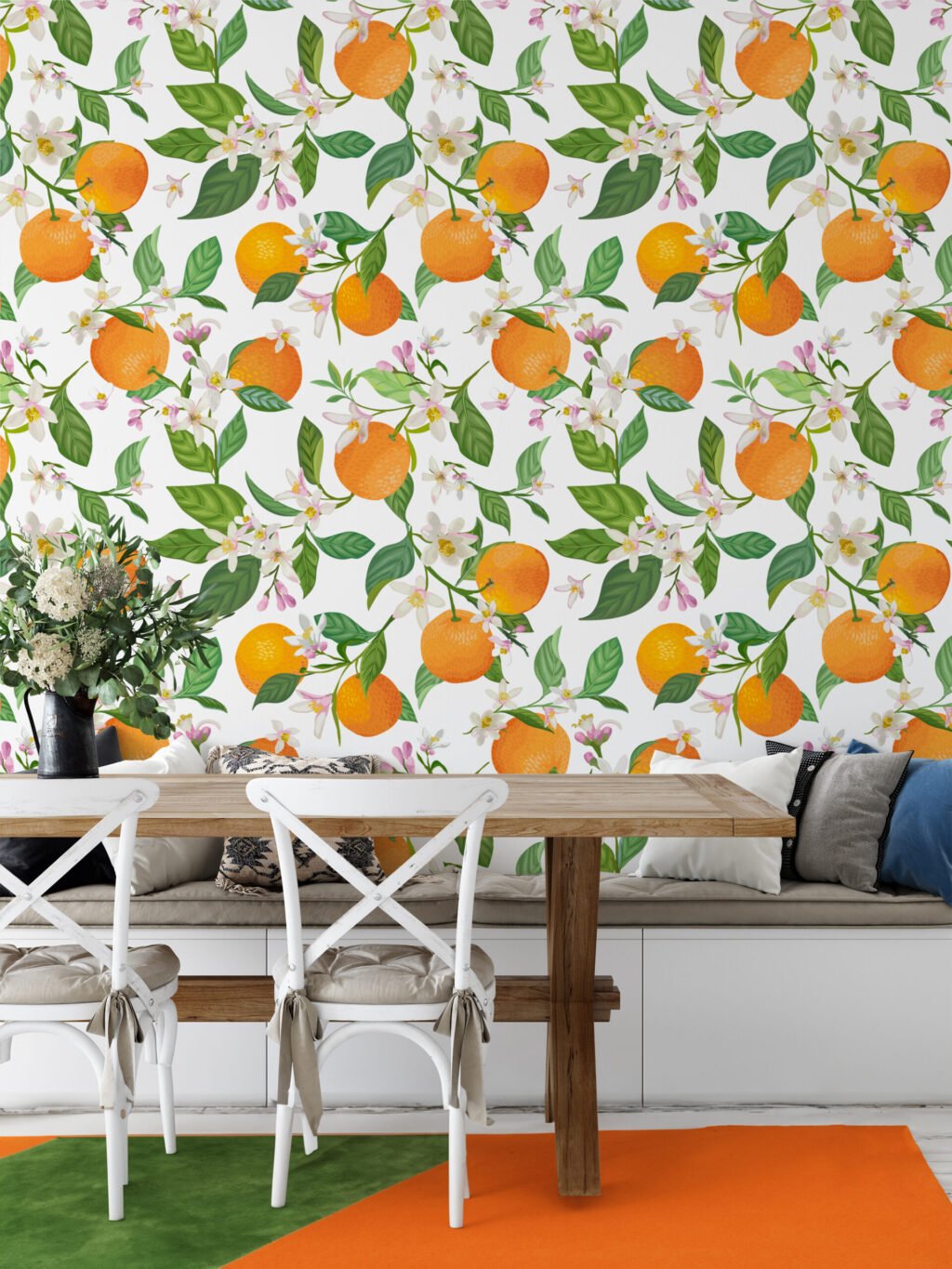 Portakal ve Çiçekler Duvar Kağıdı, Taze Portakallar ve Çiçekler Tasarımı Duvar Posteri Çiçekli Duvar Kağıtları 5