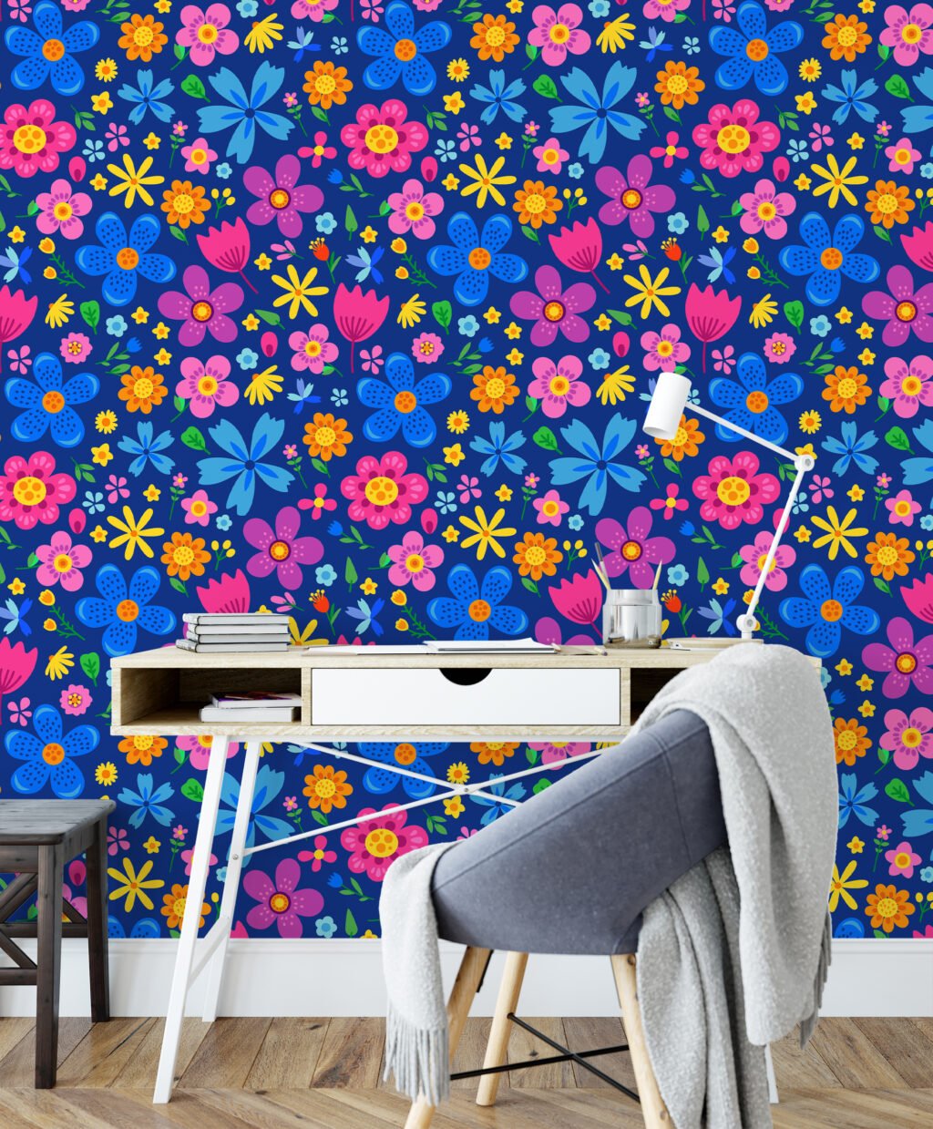 Canlı Renkli Halk Sanatı Çiçek İllüstrasyonu Duvar Kağıdı, Neşeli Çayır Çiçekli Duvar Posteri Çiçekli Duvar Kağıtları 4