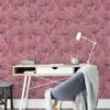 Pembe Arka Planlı Çiçekli Line Art Duvar Kağıdı, Şık Çiçek Tasarımı Duvar Kağıdı - Görsel 3
