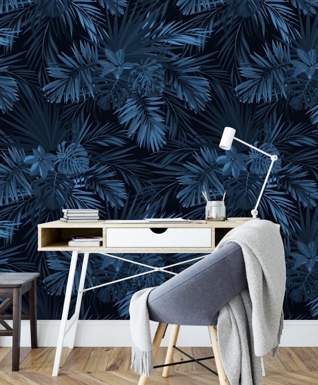 Gece Mavisi Tropikal Yapraklar Duvar Kağıdı, Lüks Koyu Yaprak Desenli 3D Duvar Posteri Yaprak Desenli Duvar Kağıtları 4