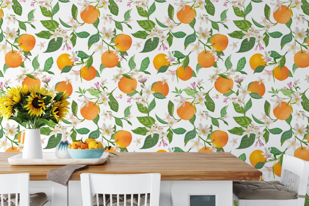 Portakal ve Çiçekler Duvar Kağıdı, Taze Portakallar ve Çiçekler Tasarımı Duvar Posteri Çiçekli Duvar Kağıtları 4