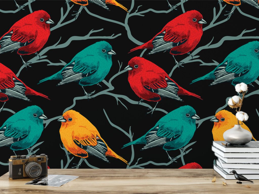 Retro Kuş Desenli Duvar Kağıdı, Siyah Zemin Üzerinde Şarkı Kuşları Duvar Posteri Hayvan Motifli Duvar Kağıtları 2