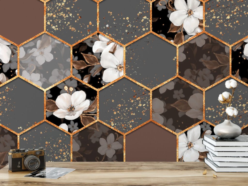 Gri ve Kahverengi Çiçekli Altıgen Geometrik Desen Duvar Kağıdı, Şık Çiçekler 3D Duvar Posteri Çiçekli Duvar Kağıtları 4