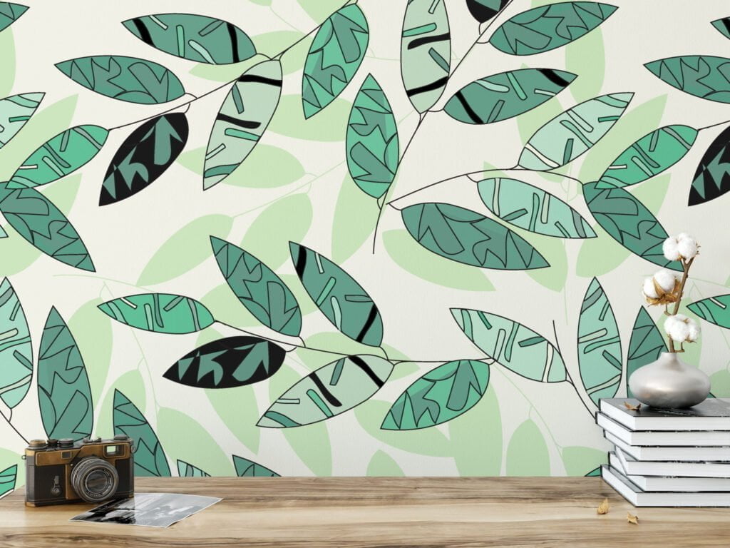 Soyut Yeşil Yapraklar Duvar Kağıdı, Taze Yeşil Botanik Tasarım 3D Duvar Posteri Yaprak Desenli Duvar Kağıtları 3
