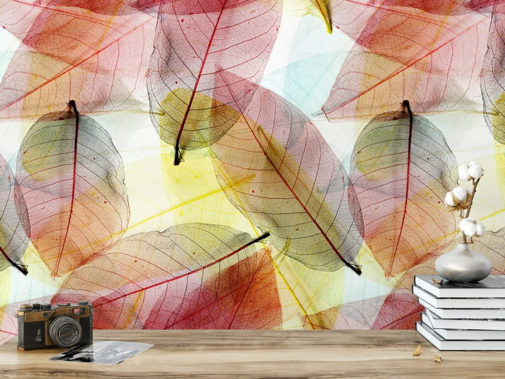 Büyük Renkli Yapraklar Duvar Kağıdı, Saydam Sonbahar Yapraklı 3D Duvar Posteri Yaprak Desenli Duvar Kağıtları 3