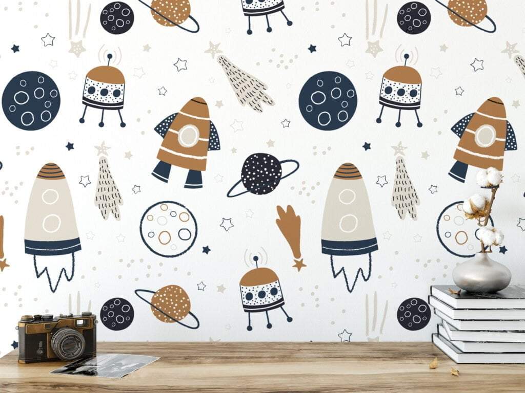 Çocuk Duvar Kağıdı Tatlı Roketler ve Gezegenler, Astronomik Bebek Odası 3D Duvar Posteri Bebek Odası Duvar Kağıtları 3