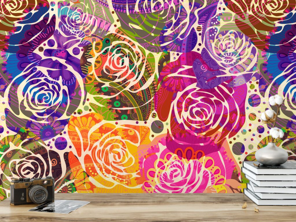 Abstract Renkli Güller Duvar Kağıdı, Canlı Gül Kolajı 3D Duvar Posteri Çiçekli Duvar Kağıtları 3