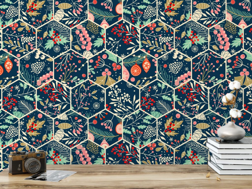 Altıgen Desenli Tatil Yaprakları Duvar Kağıdı, Geometrik Botanik Mozaik Duvar Posteri Çiçekli Duvar Kağıtları 2
