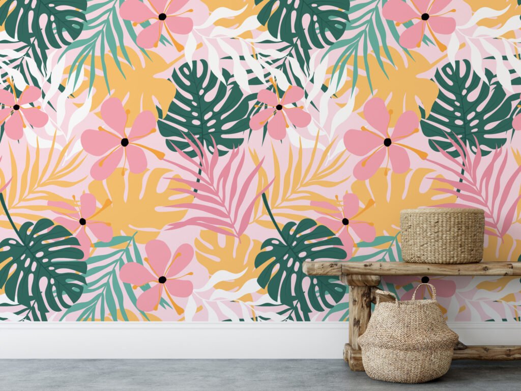 Tropikal Pembe Yeşil Sarı Monstera Yaprakları ve Çiçekler Duvar Kağıdı, Tropikal Desenli 3D Duvar Posteri Tropikal Duvar Kağıtları 3
